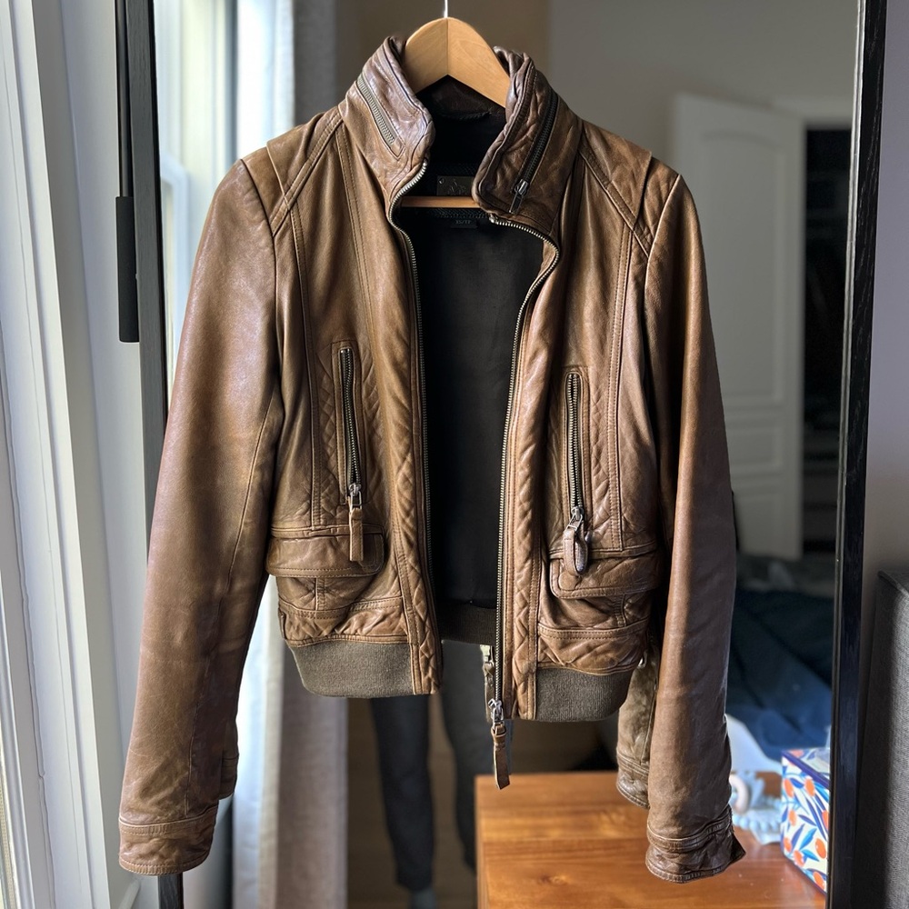 Beautiful khaki green leather bomber jacket